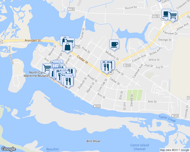 map of restaurants, bars, coffee shops, grocery stores, and more near 305 Marsh Street in Beaufort