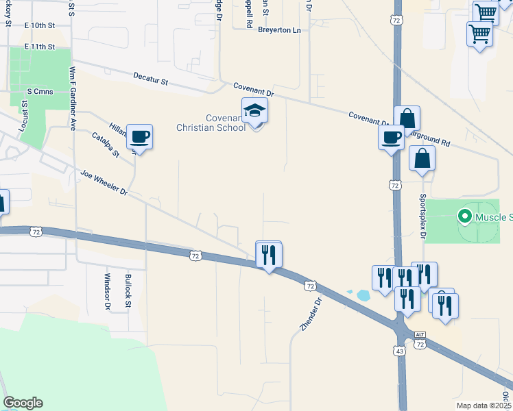 map of restaurants, bars, coffee shops, grocery stores, and more near 1001 Holmes Boulevard in Tuscumbia