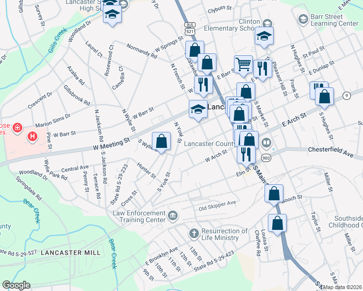 map of restaurants, bars, coffee shops, grocery stores, and more near 107 South York Street in Lancaster