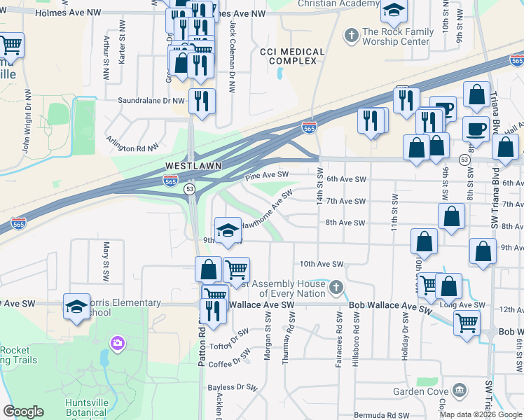 map of restaurants, bars, coffee shops, grocery stores, and more near 2219 North Rose Drive Southwest in Huntsville