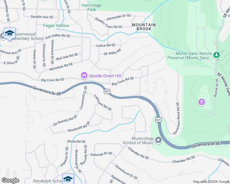 map of restaurants, bars, coffee shops, grocery stores, and more near 1901 Governors Drive Southeast in Huntsville