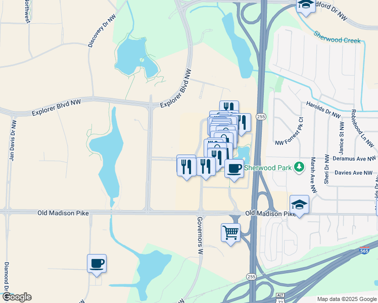 map of restaurants, bars, coffee shops, grocery stores, and more near 6860 Governors West in Huntsville