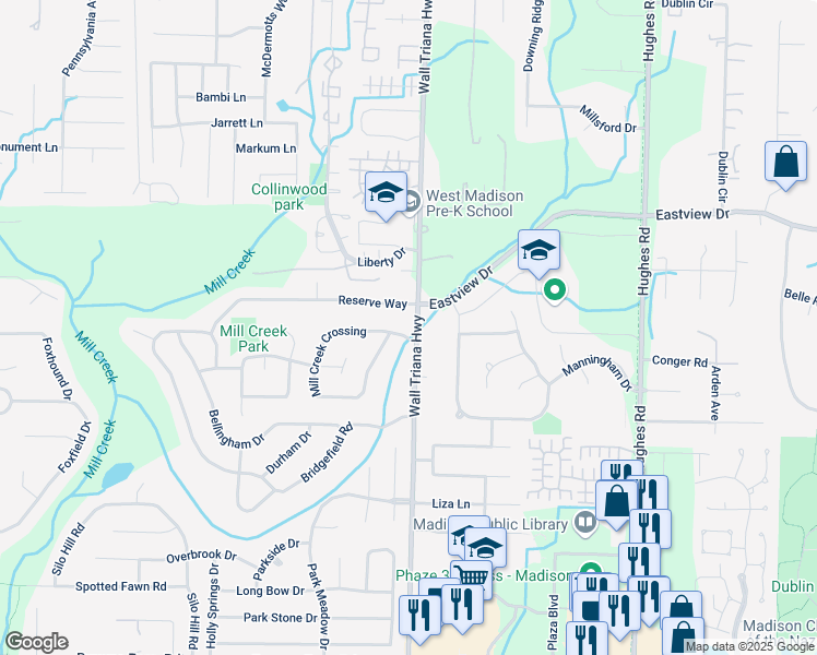 map of restaurants, bars, coffee shops, grocery stores, and more near 100 Mill Creek Crossing in Madison