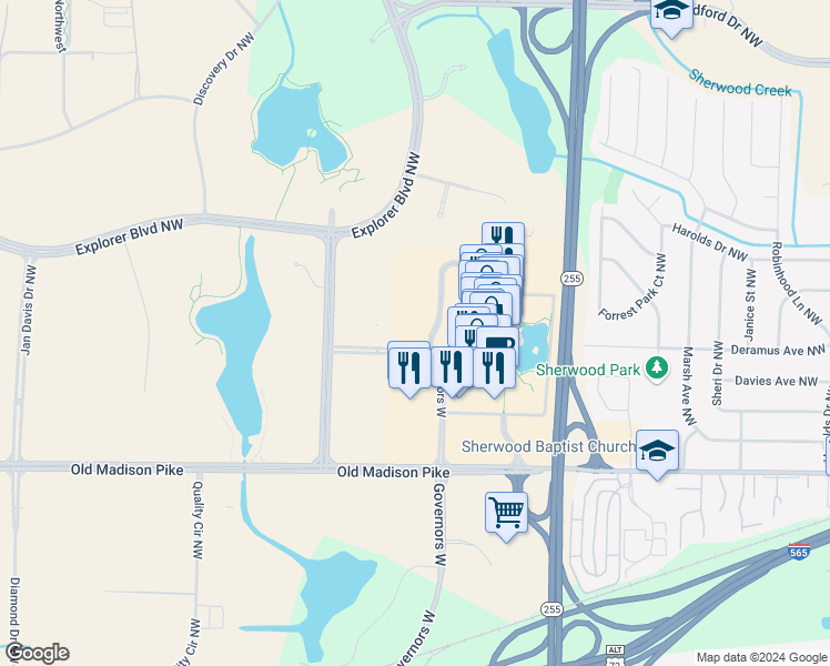 map of restaurants, bars, coffee shops, grocery stores, and more near 6860 Governors West in Huntsville