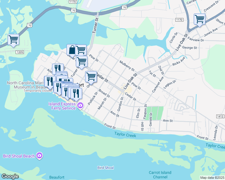 map of restaurants, bars, coffee shops, grocery stores, and more near 305 Marsh Street in Beaufort