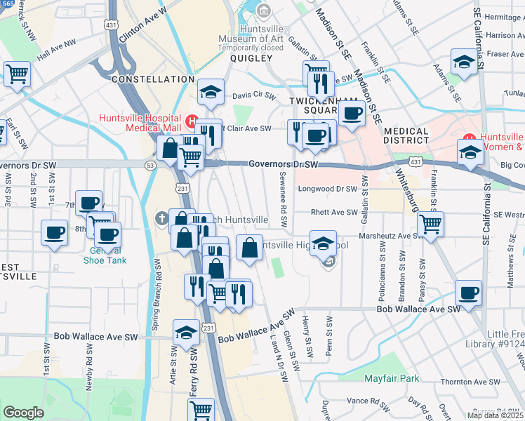 map of restaurants, bars, coffee shops, grocery stores, and more near 2024 Princeton Boulevard Southwest in Huntsville