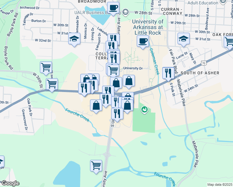 map of restaurants, bars, coffee shops, grocery stores, and more near 6200 Asher Avenue in Little Rock
