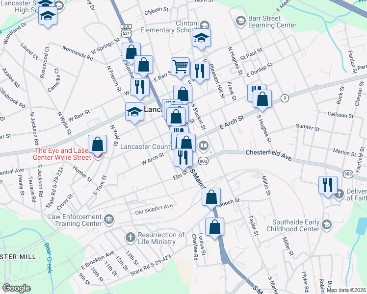 map of restaurants, bars, coffee shops, grocery stores, and more near 301 South Main Street in Lancaster