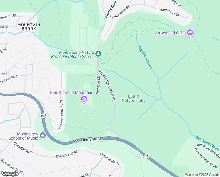 map of restaurants, bars, coffee shops, grocery stores, and more near 3303 Monte Sano Boulevard Southeast in Huntsville