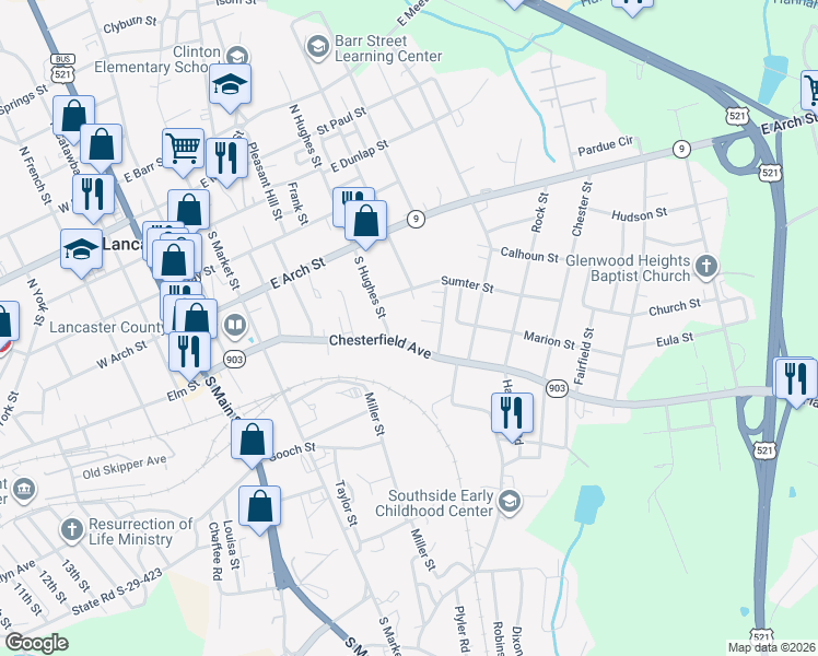 map of restaurants, bars, coffee shops, grocery stores, and more near 506 Chesterfield Avenue in Lancaster