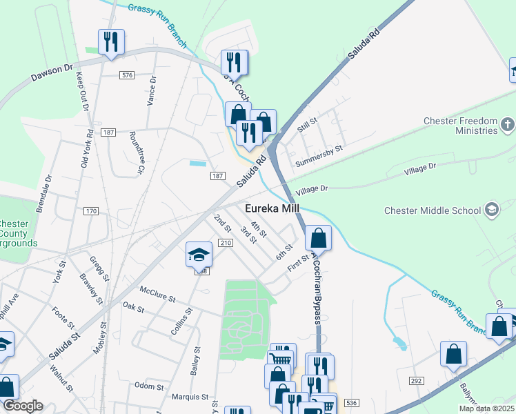 map of restaurants, bars, coffee shops, grocery stores, and more near 542 5th Street in Chester