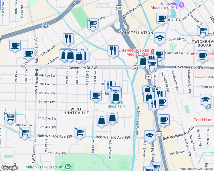 map of restaurants, bars, coffee shops, grocery stores, and more near 2107 Seminole Drive Southwest in Huntsville