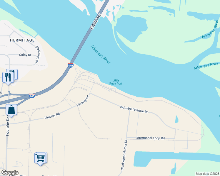map of restaurants, bars, coffee shops, grocery stores, and more near 10600 Industrial Harbor Road in Little Rock