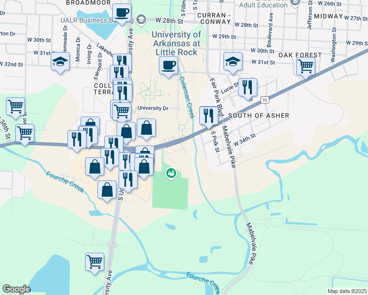 map of restaurants, bars, coffee shops, grocery stores, and more near Colemen Court in Little Rock