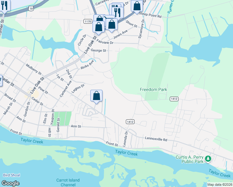 map of restaurants, bars, coffee shops, grocery stores, and more near 112 Briarpatch Drive in Beaufort