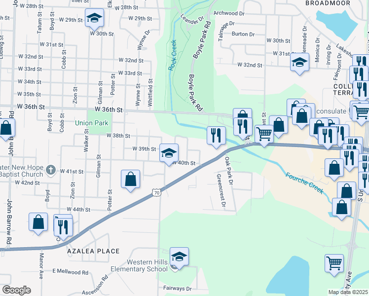 map of restaurants, bars, coffee shops, grocery stores, and more near 3824 Lange Street in Little Rock