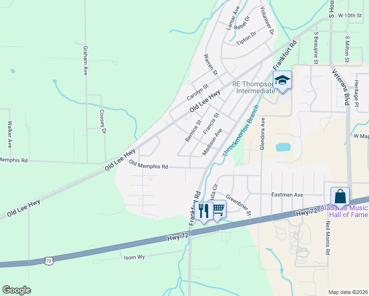 map of restaurants, bars, coffee shops, grocery stores, and more near 1100-1198 Francis Street in Tuscumbia