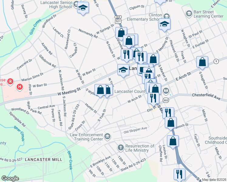 map of restaurants, bars, coffee shops, grocery stores, and more near 107 South York Street in Lancaster