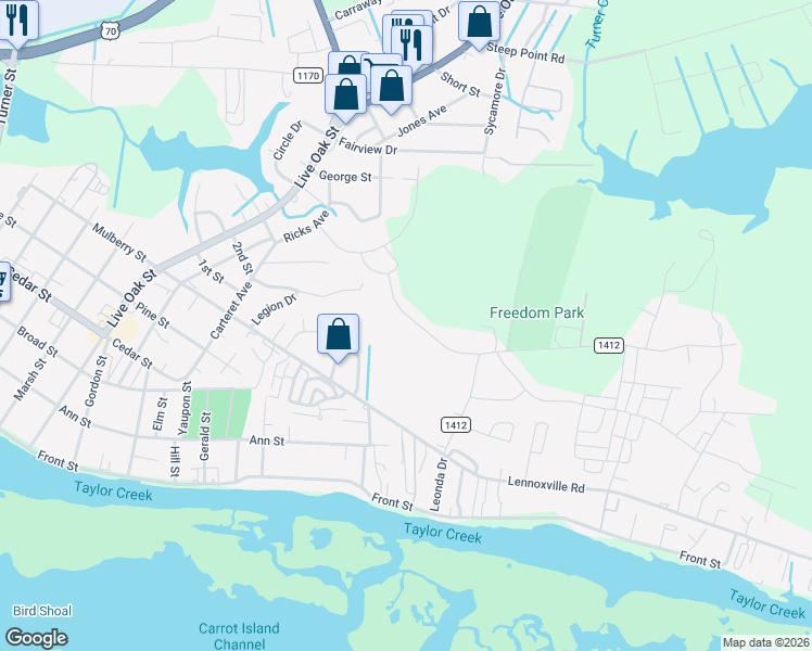 map of restaurants, bars, coffee shops, grocery stores, and more near 112 Briarpatch Drive in Beaufort