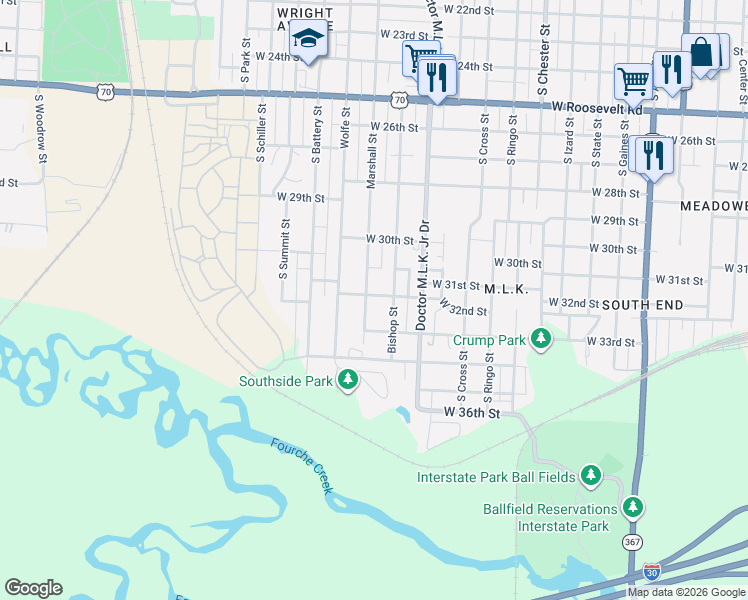 map of restaurants, bars, coffee shops, grocery stores, and more near 3207 Marshall Street in Little Rock