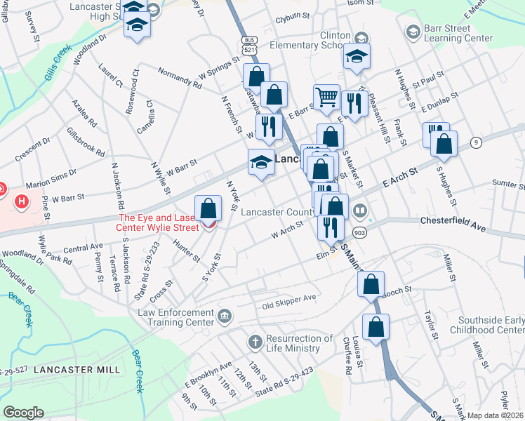 map of restaurants, bars, coffee shops, grocery stores, and more near 309 West Gay Street in Lancaster