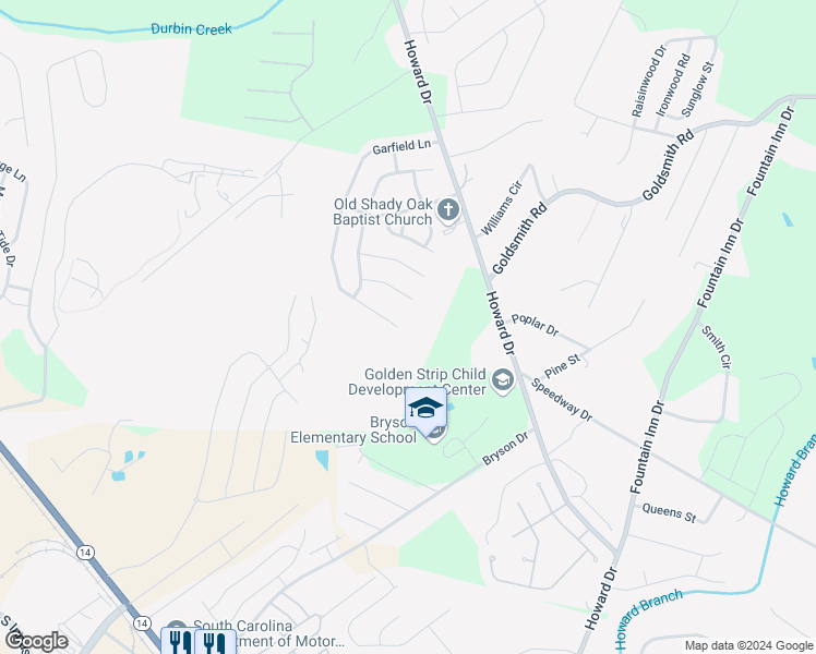 map of restaurants, bars, coffee shops, grocery stores, and more near 323 Garfield Lane in Simpsonville