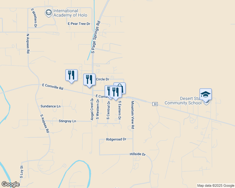 map of restaurants, bars, coffee shops, grocery stores, and more near 11550 East Cornville Road in Cornville