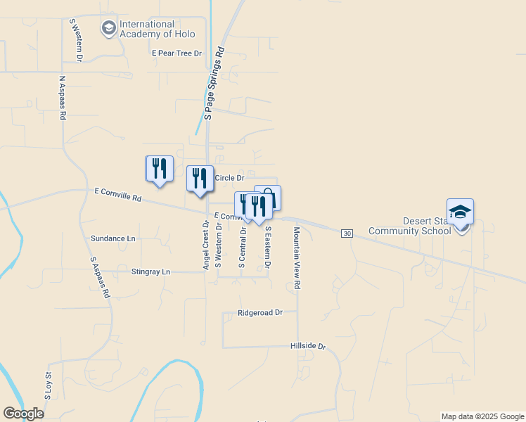 map of restaurants, bars, coffee shops, grocery stores, and more near 11550 East Cornville Road in Cornville
