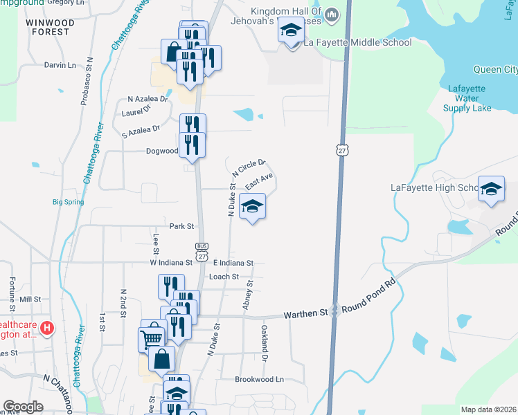 map of restaurants, bars, coffee shops, grocery stores, and more near 210 South Circle Drive in LaFayette