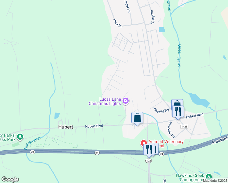 map of restaurants, bars, coffee shops, grocery stores, and more near 368 Morton Farm Road in Hubert