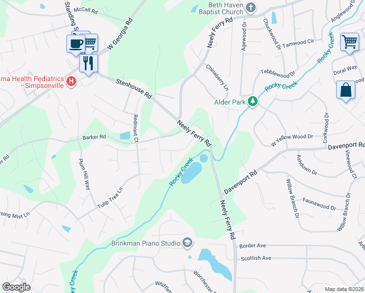 map of restaurants, bars, coffee shops, grocery stores, and more near 105 Barker Road in Simpsonville