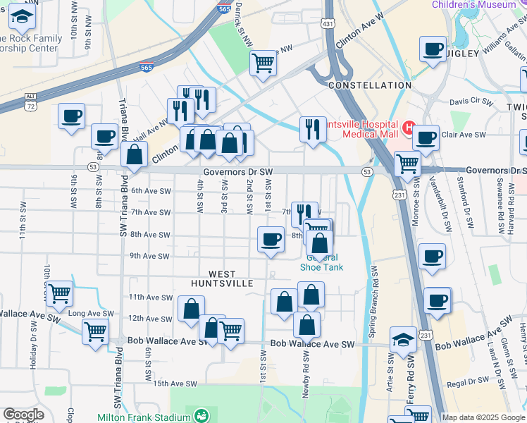 map of restaurants, bars, coffee shops, grocery stores, and more near 2204 7th Avenue Southwest in Huntsville