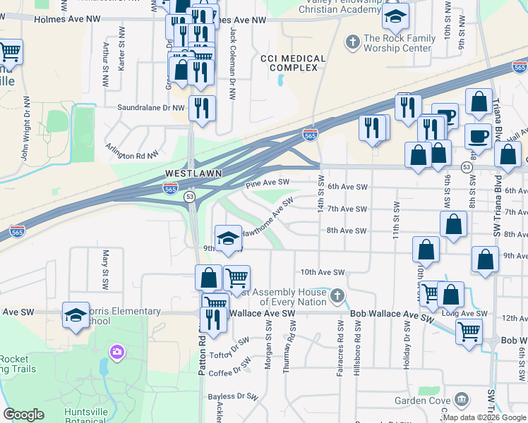 map of restaurants, bars, coffee shops, grocery stores, and more near 2219 North Rose Drive Southwest in Huntsville