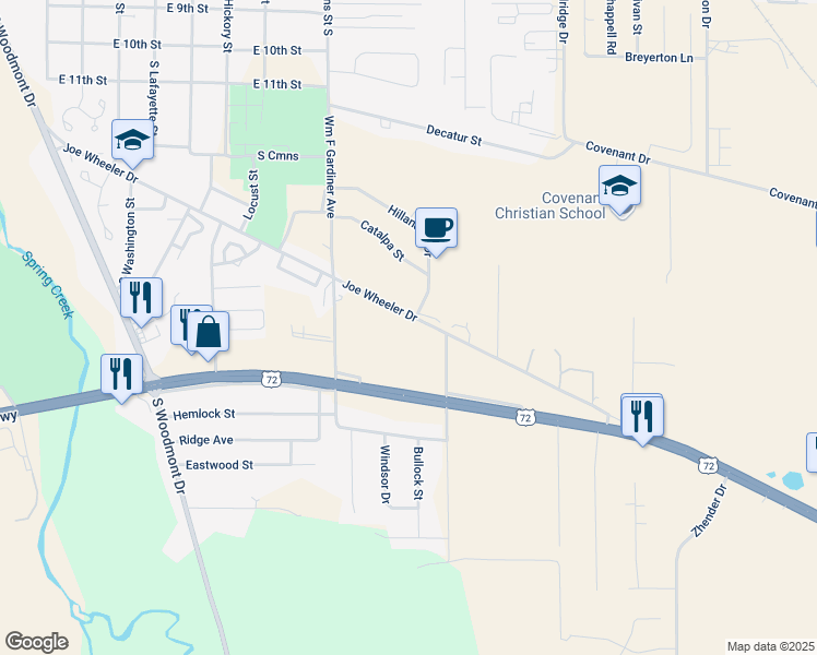 map of restaurants, bars, coffee shops, grocery stores, and more near 1100 Joe Wheeler Drive in Tuscumbia