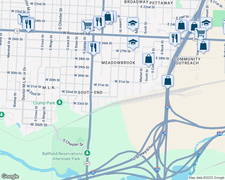 map of restaurants, bars, coffee shops, grocery stores, and more near 3200 Center Street in Little Rock