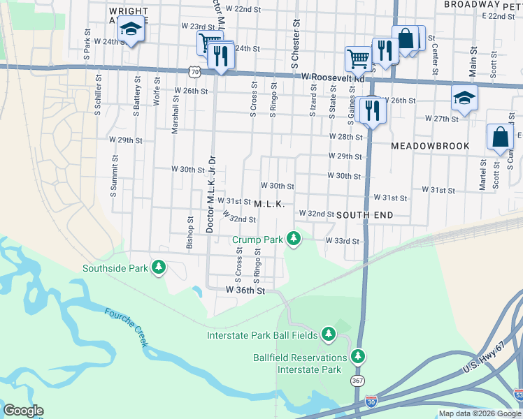 map of restaurants, bars, coffee shops, grocery stores, and more near 3124 South Ringo Street in Little Rock