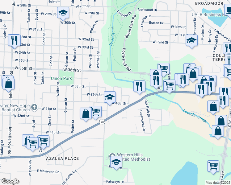 map of restaurants, bars, coffee shops, grocery stores, and more near 3824 Lange Street in Little Rock