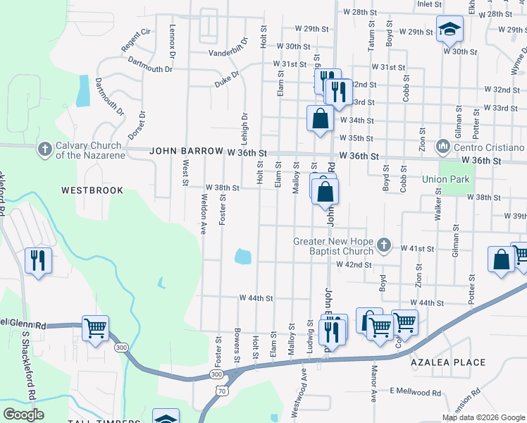 map of restaurants, bars, coffee shops, grocery stores, and more near 3923 Holt Street in Little Rock