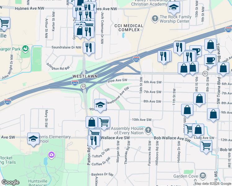 map of restaurants, bars, coffee shops, grocery stores, and more near 2219 North Rose Drive Southwest in Huntsville