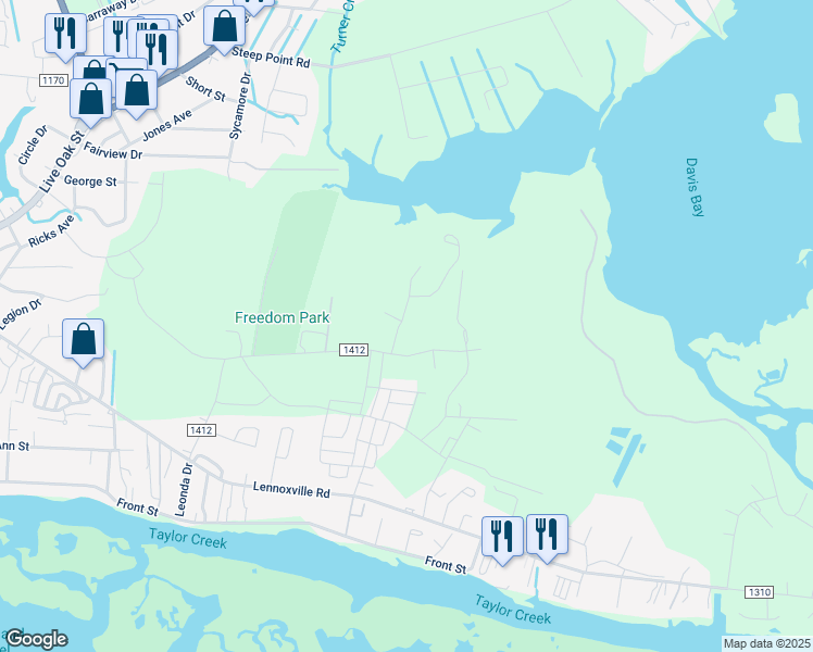 map of restaurants, bars, coffee shops, grocery stores, and more near 520 Avocet Drive in Beaufort