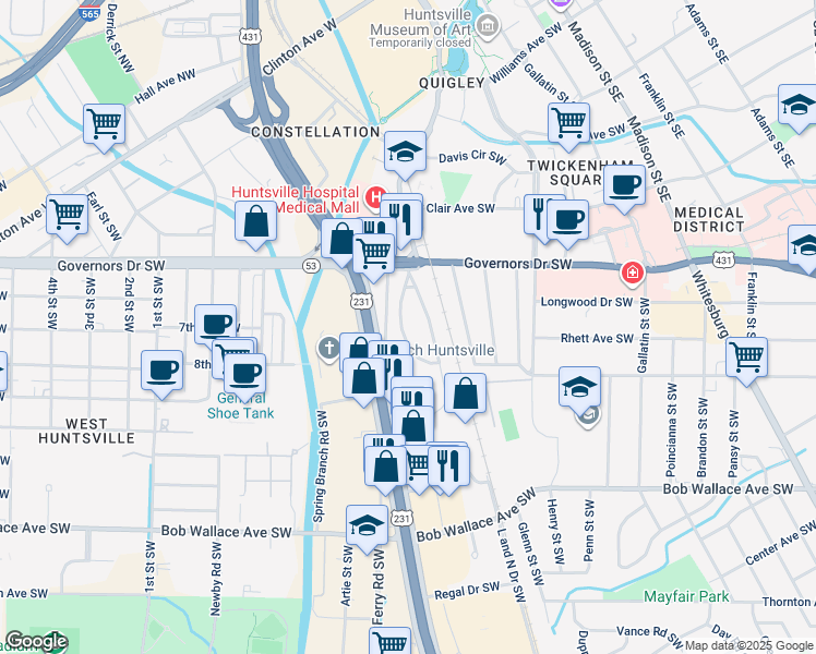 map of restaurants, bars, coffee shops, grocery stores, and more near 1921 Vanderbilt Circle Southwest in Huntsville