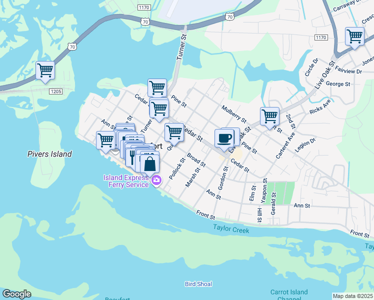 map of restaurants, bars, coffee shops, grocery stores, and more near 619 Broad Street in Beaufort