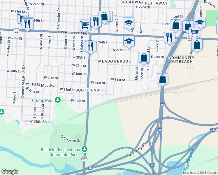 map of restaurants, bars, coffee shops, grocery stores, and more near 3200 Center Street in Little Rock