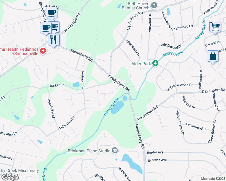 map of restaurants, bars, coffee shops, grocery stores, and more near 105 Barker Road in Simpsonville
