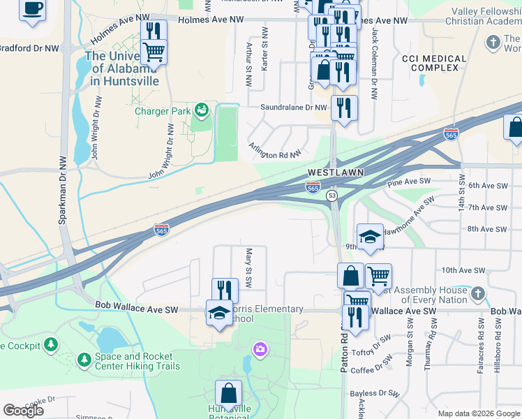 map of restaurants, bars, coffee shops, grocery stores, and more near 4611 Governors House Drive Southwest in Huntsville