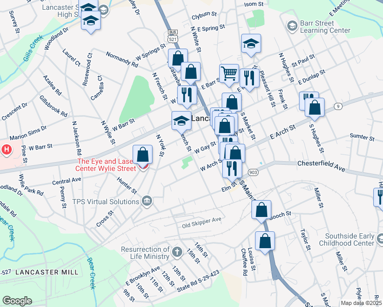 map of restaurants, bars, coffee shops, grocery stores, and more near West Gay Street in Lancaster