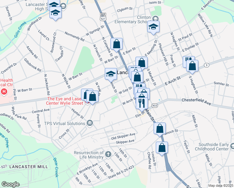 map of restaurants, bars, coffee shops, grocery stores, and more near West Gay Street in Lancaster