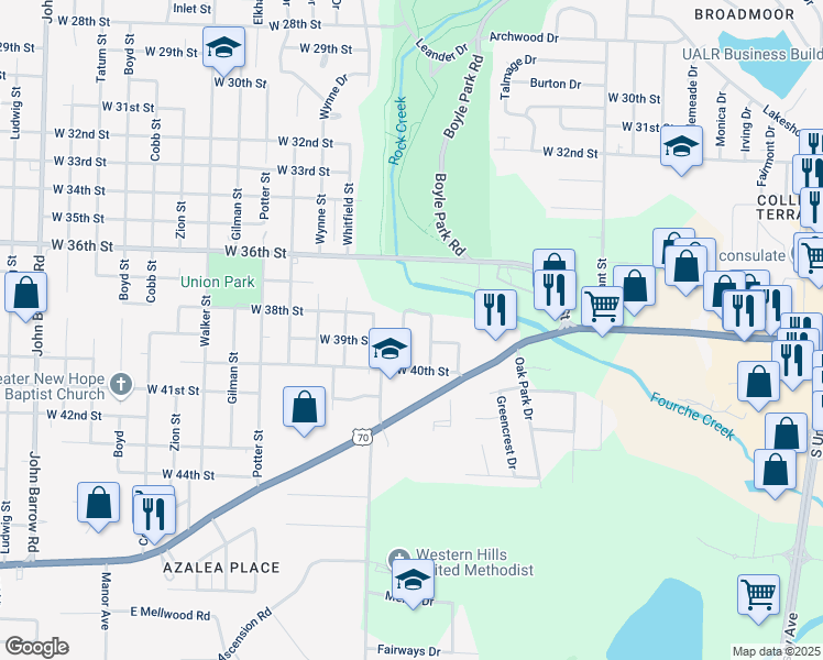 map of restaurants, bars, coffee shops, grocery stores, and more near 3824 Lange Street in Little Rock