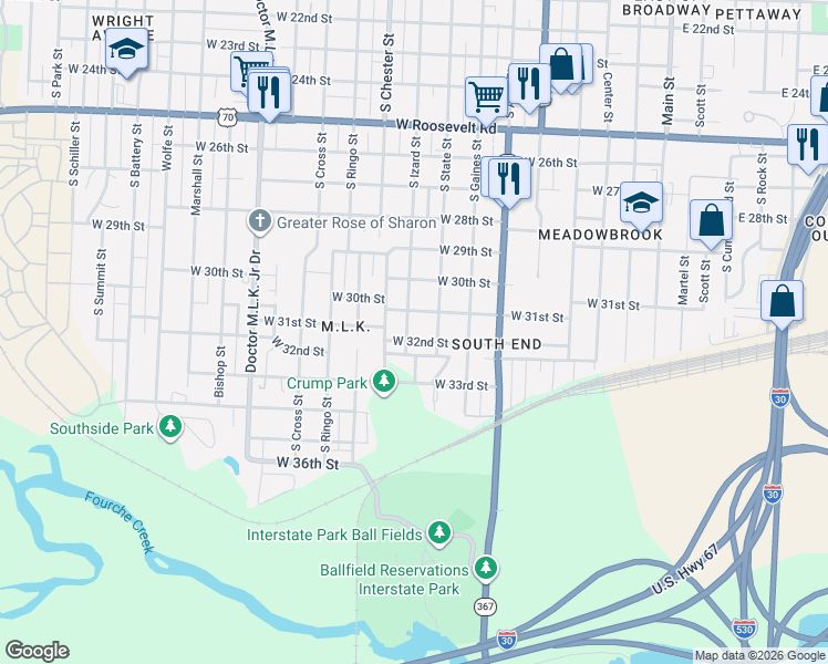 map of restaurants, bars, coffee shops, grocery stores, and more near 3204 South Izard Street in Little Rock