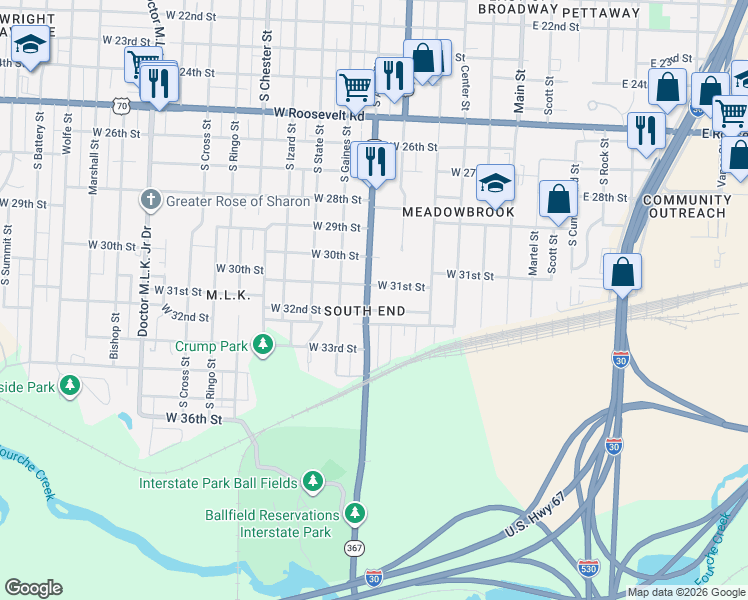 map of restaurants, bars, coffee shops, grocery stores, and more near 507 West 32nd Street in Little Rock